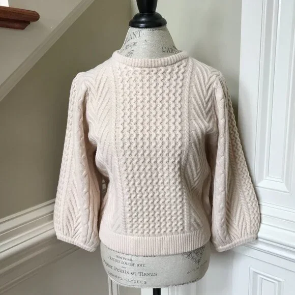 NWT Demylee Feline Sweater Womens Small Cream Buttermilk Crew Neck Fisherman NEW